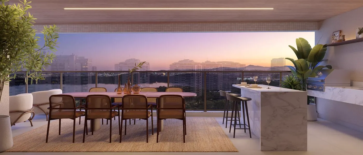 Perspectiva ilustrada da varanda de apartamento tipo do Ed. Siam, coluna 01, ao pôr do sol