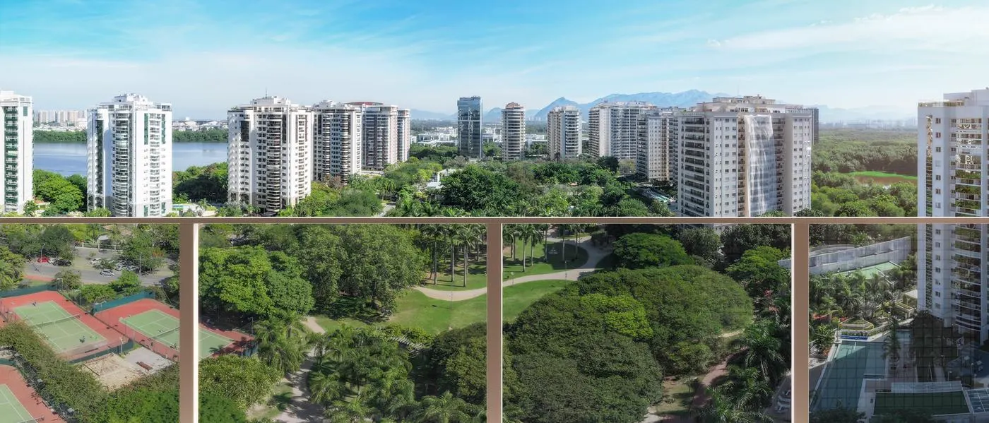 Perspectiva ilustrada da vista do apartamento 1401 do Edifício Siam, com o parque, quadras, a lagoa e as montanhas